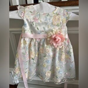 Toddler Girl's Floral Embroidered White Party Dress with Pink Sash